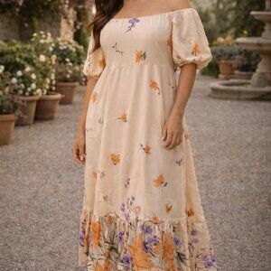 Light Orange Floral Square Neck Puff Sleeve Midi Dress. Super Light and flowy. M